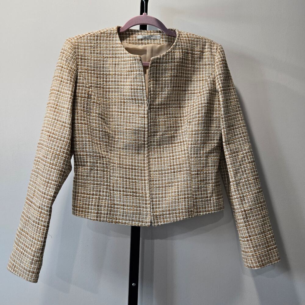 Yumi Mazao Collection Fitted Tan Tweed Plaid Blazer Jacket Full Zip 42‎ (4/6)